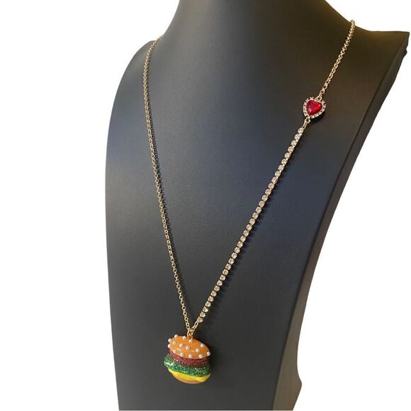 Betsey Johnson Sparkly Hamburger Pendant Necklace. - Picture 3 of 7